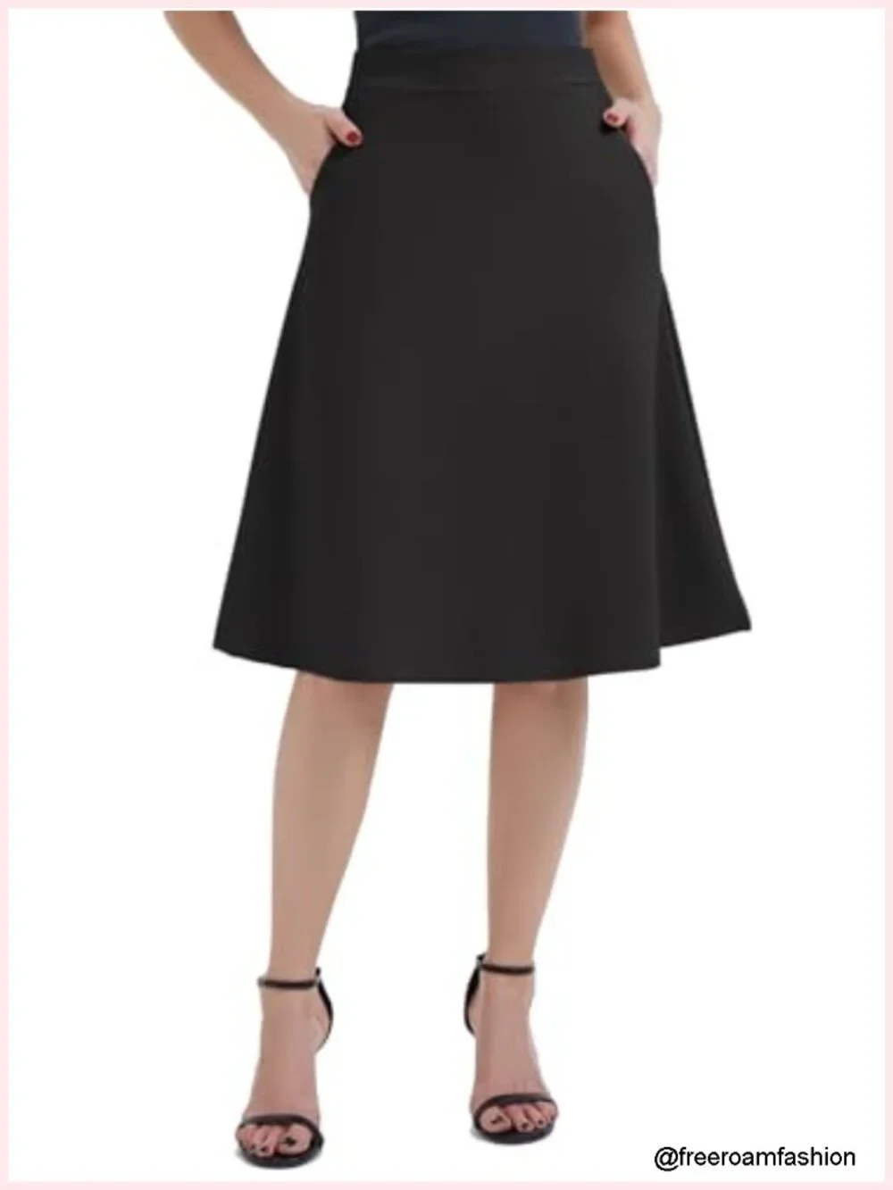 High-Waist A-Line Midi Skirt with Pockets Elastic Waistband Office Casual